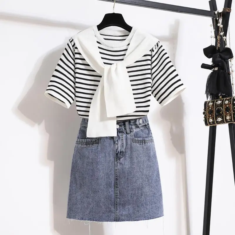 Women Casual Stripe Shawl T Shirt Skirts Two Piece Set 2025 Summer Student Fashion Tops Denim A-Line Skirt Outfits Lady Clothes - Image 2