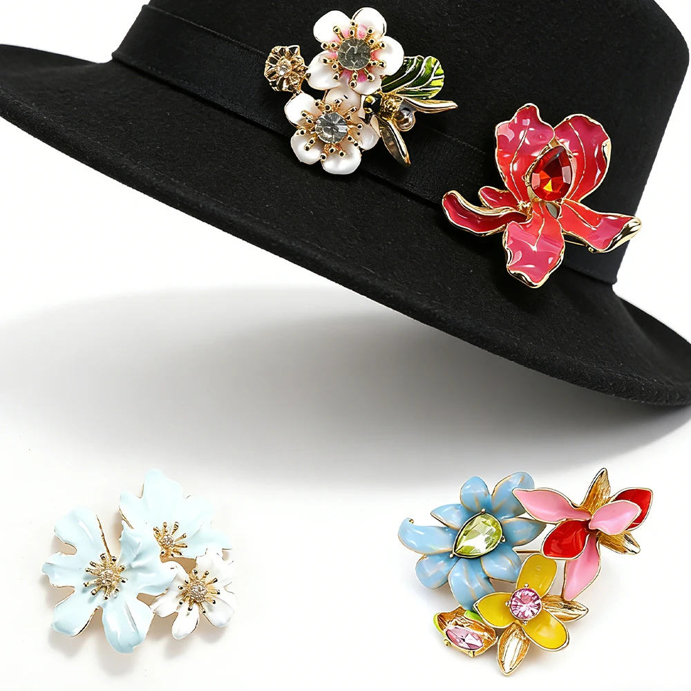 4-Piece Vintage Floral Brooch Set – Hand‑Painted Enamel & Crystal Accents