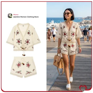 Women's Embroidered Floral Top and Shorts Set