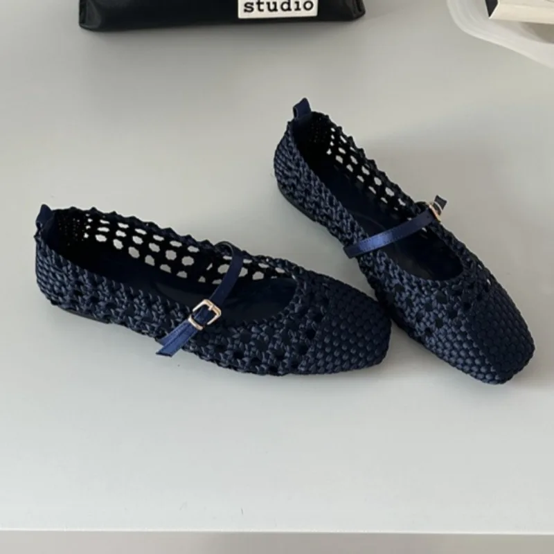 Hollow-Woven Square Toe Mary Jane Flats with Buckle, Waterproof PU - Image 5