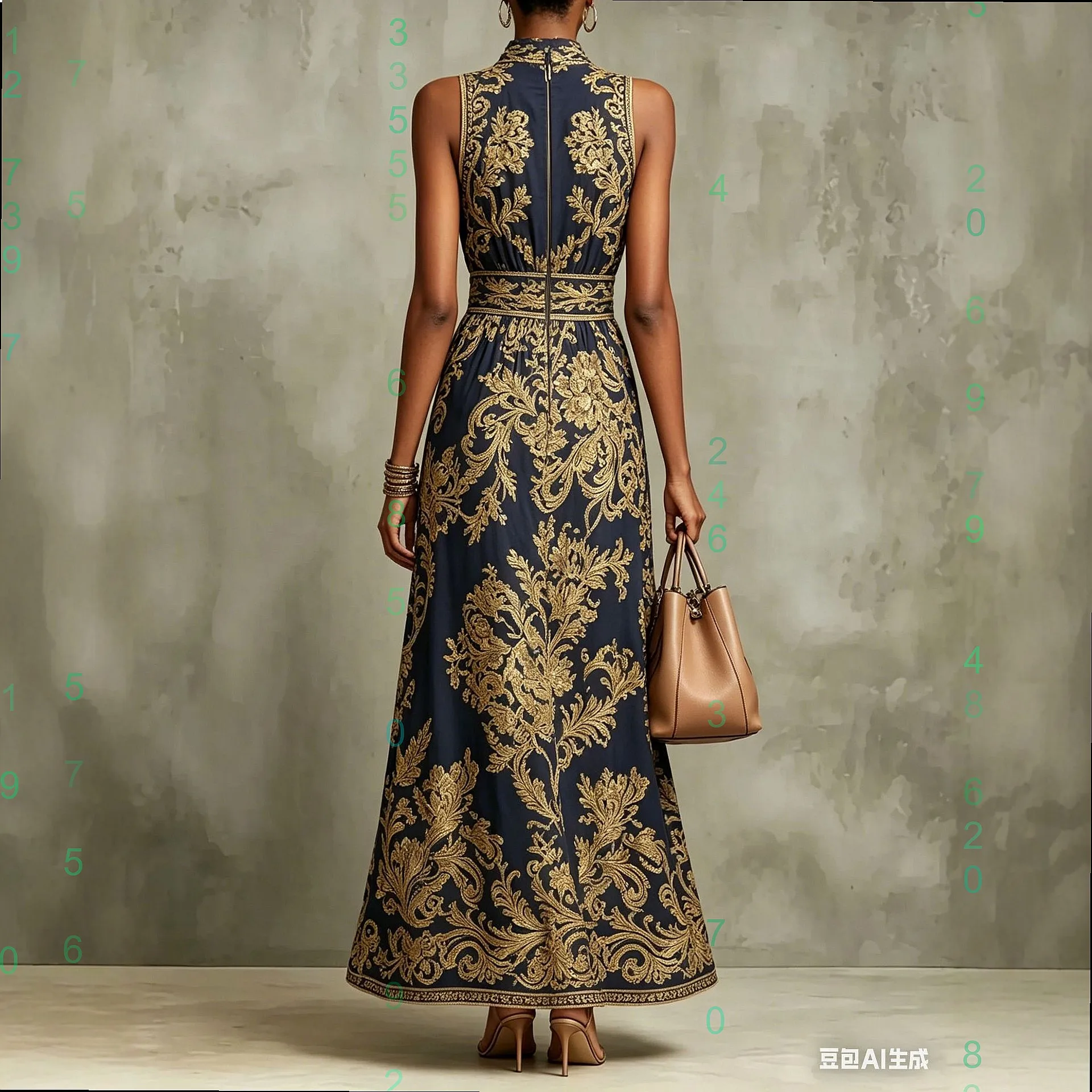 Women's Gold Embroidered Long Evening Gown - view 2