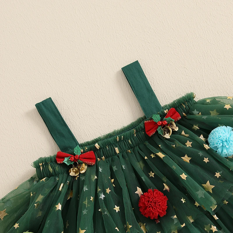 Girls Cotton Christmas Dress with Star Print and Tulle - Image 5