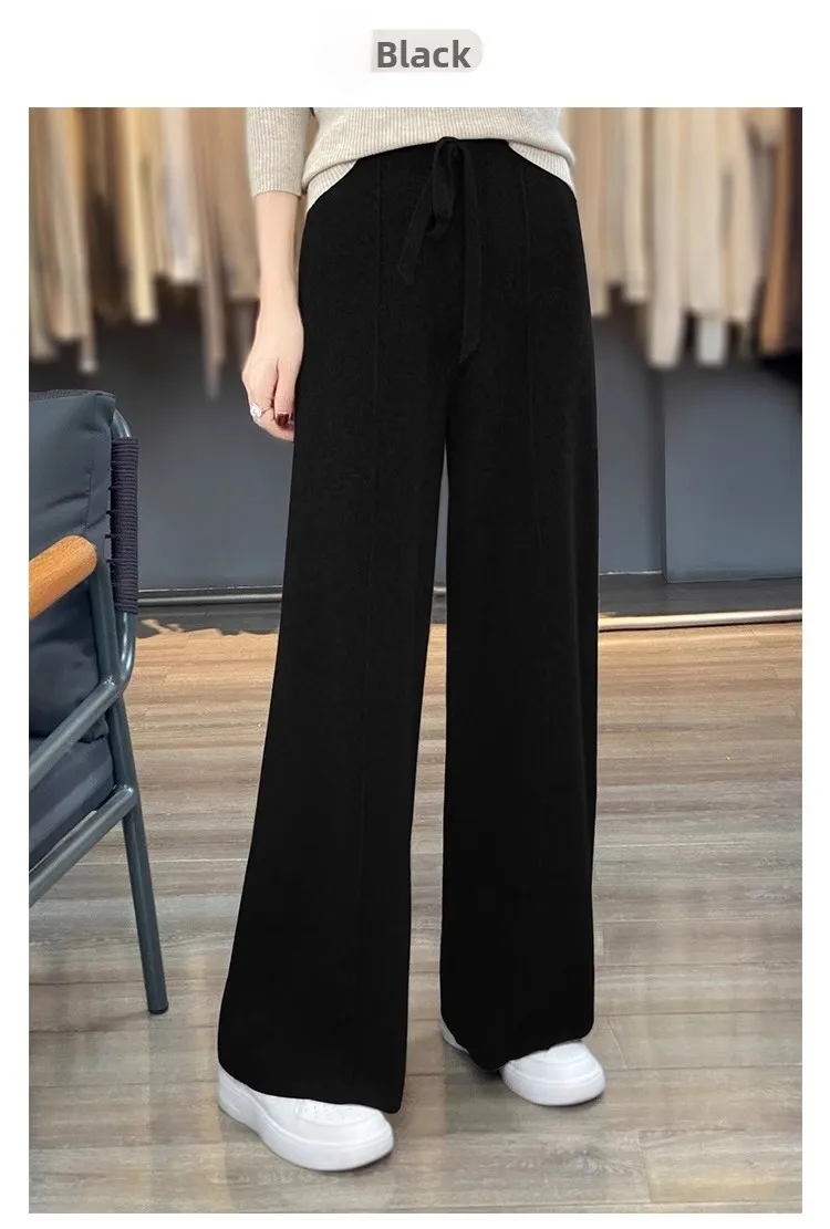 Thiened Wool Knitted Wide Leg Pants Women High Waist Draped Slim Version Floor-Length Outerwear Straight Leg Trousers - Image 10