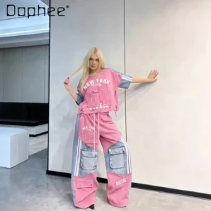 Women's Ripped Denim Tee and Letter Print Pants Set