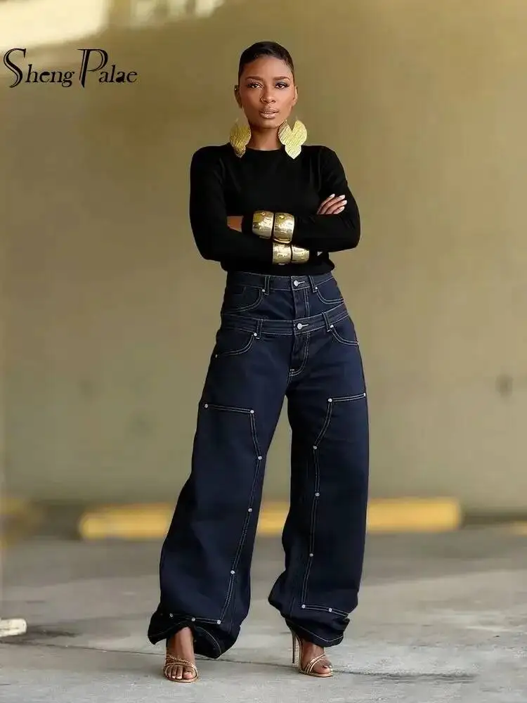 SHENGPALAE European And American Style Loose Double Waisted Collision Nail Splicing High Waisted Jeans For Women 2026 Spring New