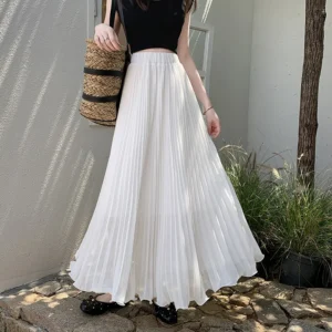 Elegant White Pleated Maxi Skirt Women Summer High Waist Chiffon A-Line Long Skirt Woman Korean Fashion Casual Beach Skirts 2026