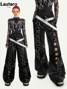 Women's Distressed Faux Leather Wide-Leg Pants