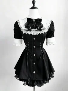 Lolita Short Sleeve Dress Women's Adult Dark Gothic Subculture Clothing Summer Japanese Style A-Line Skirt Waist-Cinching