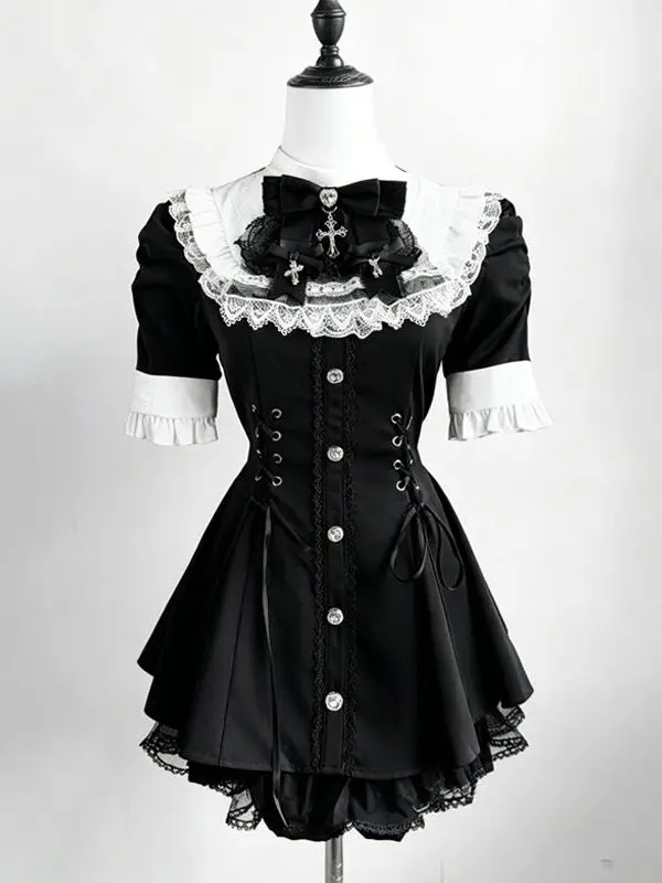 Lolita Short Sleeve Dress Women's Adult Dark Gothic Subculture Clothing Summer Japanese Style A-Line Skirt Waist-Cinching
