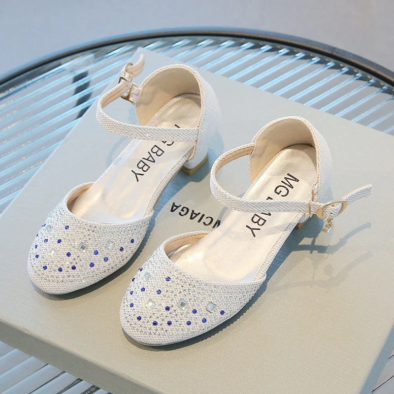 Girls Leather Shoes Pink New with Heel Rhinestone Girls Princess Single Shoes 4-12 Years Old Fashion Non-slip Children's Sandals - Image 2