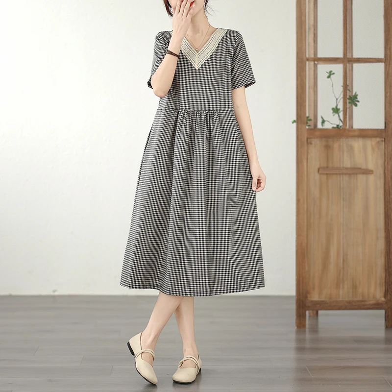 Retro Fashion Casual Plaid Dress Women Summer New V-neck Lace Splicing Loose Slimming Skirt over Knee Cotton Polyester Blend - Image 2