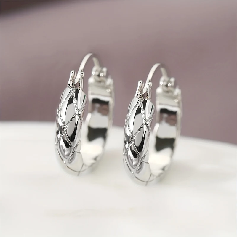 Huitan Copper Alloy Geometric Grid Hoop Earrings – Glossy Finish - Image 3