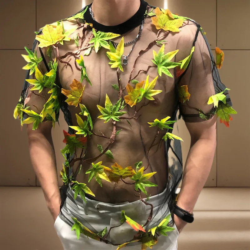 2025 Male Tops Tee Sexy Lace Tshirt For Male Transparent Funny T Shirts See Through Mesh T Shirt Homme Club Party Prom Chemise