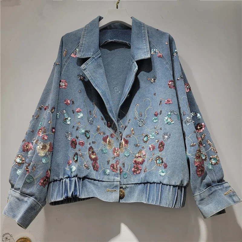 Women's Sequin Flower Denim Blazer Jacket - view 2