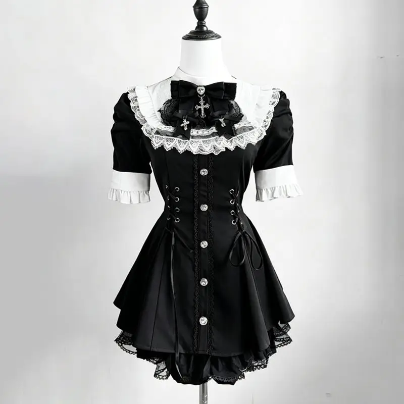 Lolita Short Sleeve Dress Women's Adult Dark Gothic Subculture Clothing Summer Japanese Style A-Line Skirt Waist-Cinching - Image 6