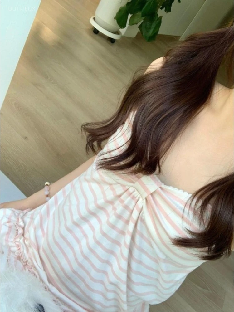 Japanese Sweet Vest Women Clothing Vintage Striped Sleeveless Tees Fashion Summer Camis Ruffles Slim Fit Vintage Tank Ropa Mujer - Image 5