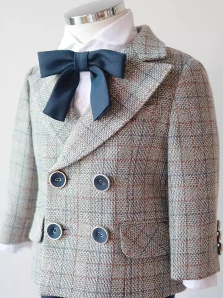 Children Formal Plaid Suit Set Boys Wedding Birthday Party Performance Photography Costume Kids Blazer Pants Bowtie Clothes - Image 2