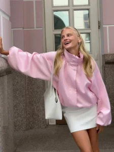 Women's Satin High-Neck Bubble Hem Jacket