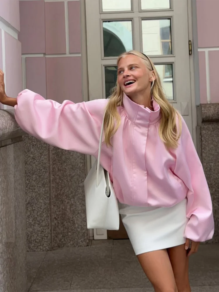 Women's Satin High-Neck Bubble Hem Jacket