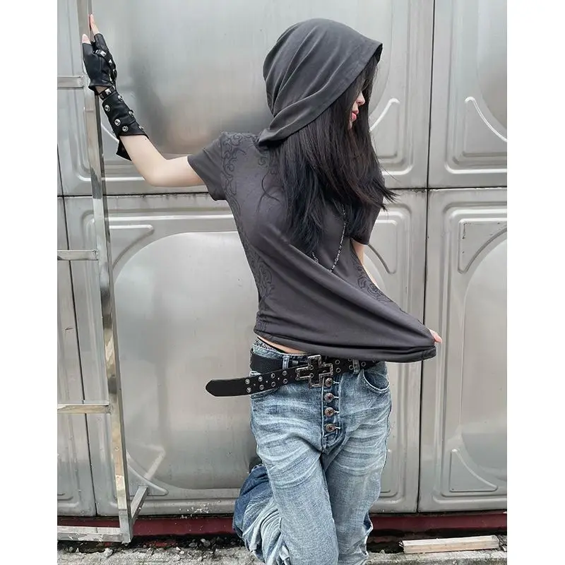 Kimutomo Women T Shirts Hooded Short Sleeve Printing Punk Style Short Sleeve Y2k Aesthetic Harajuku Tops Grunge Gothic Ladies - Image 5