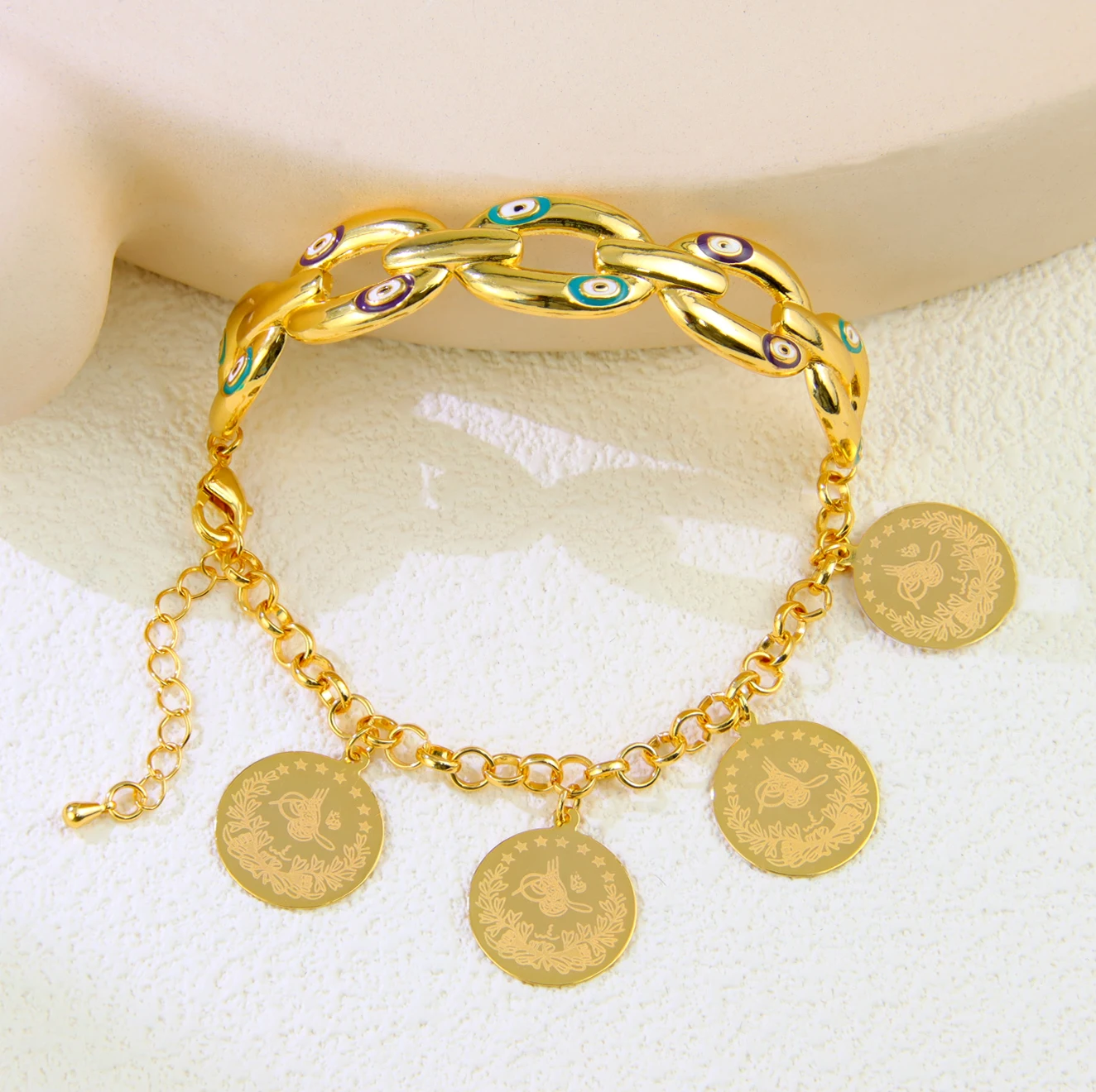 21k Gold-Plated Arabic Coin Charm Bracelet for Women – Dubai Bangles - Image 7