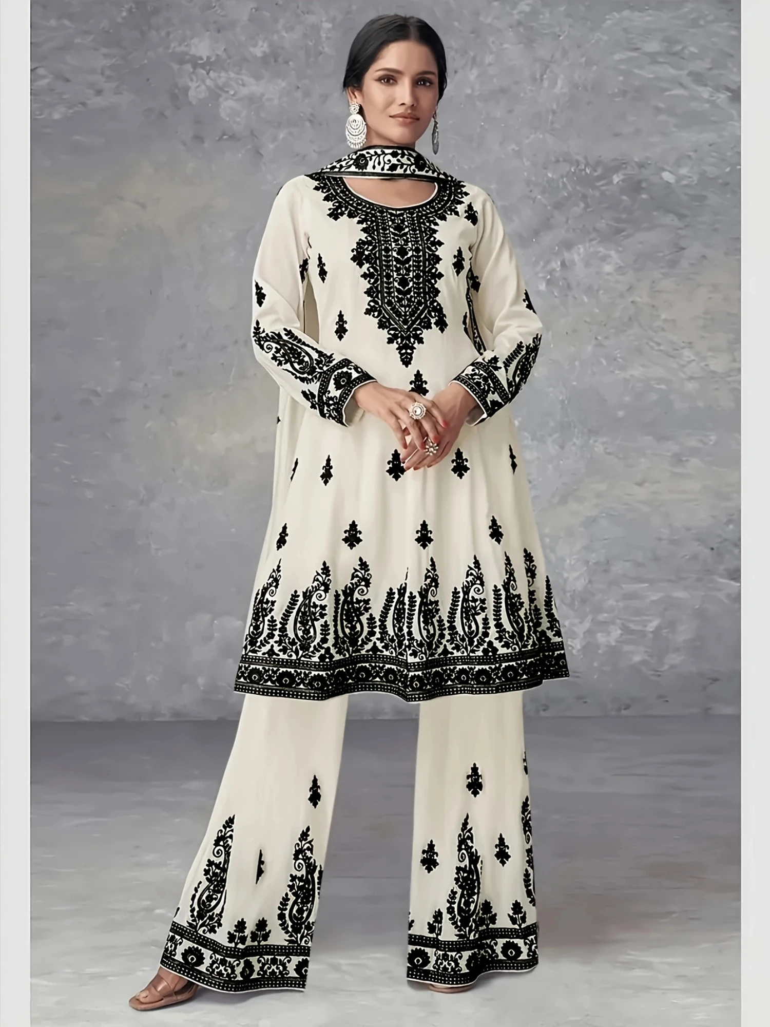 Plus Size Women's Off-White and Black Printed Three-Piece Set Ethnic Style Crew Neck Long Top Wide-Leg Pants and Headscarf Set - Image 2