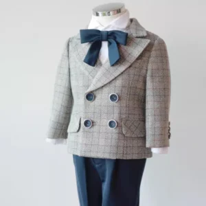 Children Formal Plaid Suit Set Boys Wedding Birthday Party Performance Photography Costume Kids Blazer Pants Bowtie Clothes