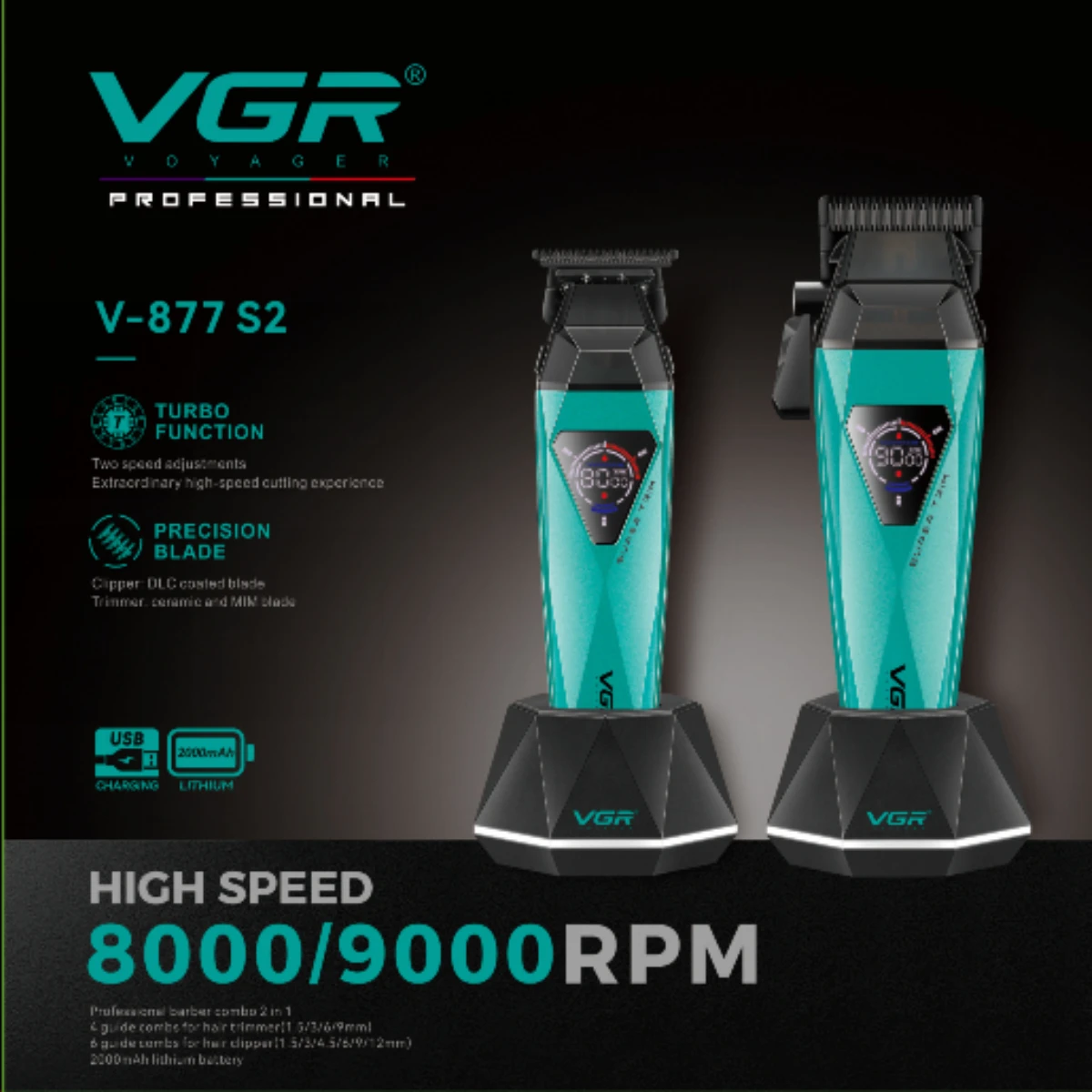 VGR V-877 S2 Cordless Hair Clippers – 9000 RPM Motor, DLC Coated Blades - Image 3