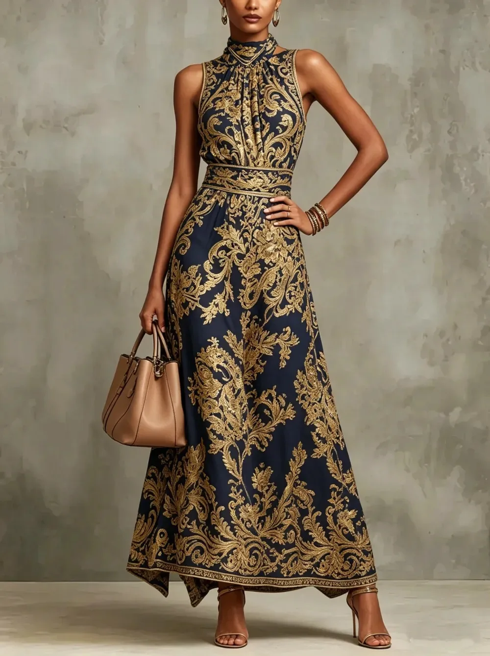 Women's Gold Embroidered Long Evening Gown - view 6