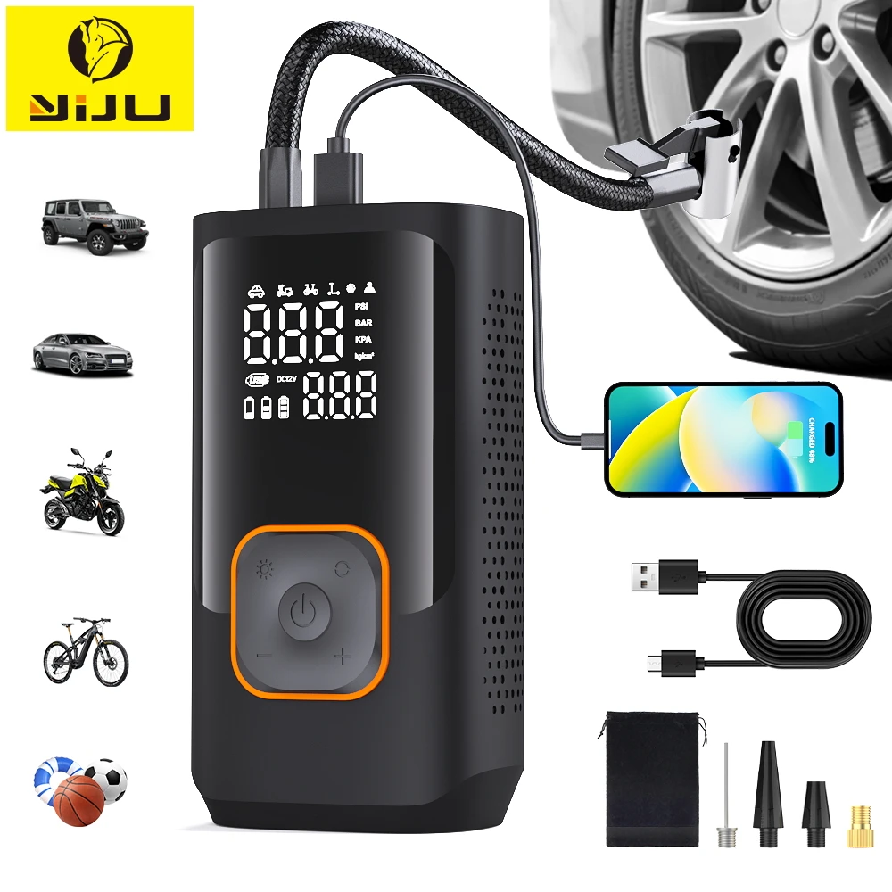 YIJU Rechargeable Tire Inflator Digital Cordless Car Tyre Inflator For Motocycle Bicycle Balls Portable Compressor Air Pump