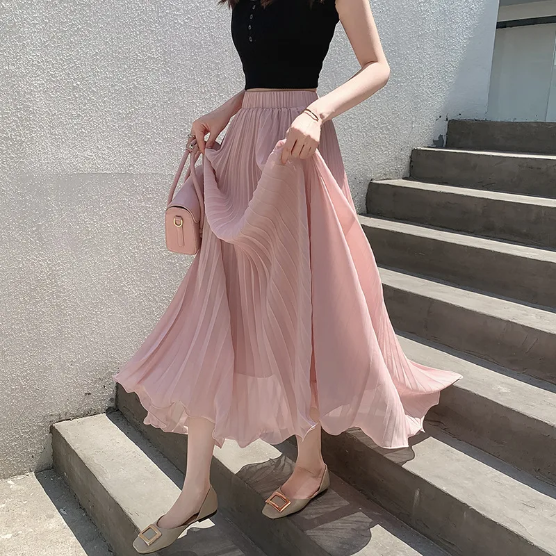 Elegant White Pleated Maxi Skirt Women Summer High Waist Chiffon A-Line Long Skirt Woman Korean Fashion Casual Beach Skirts 2026 - Image 5