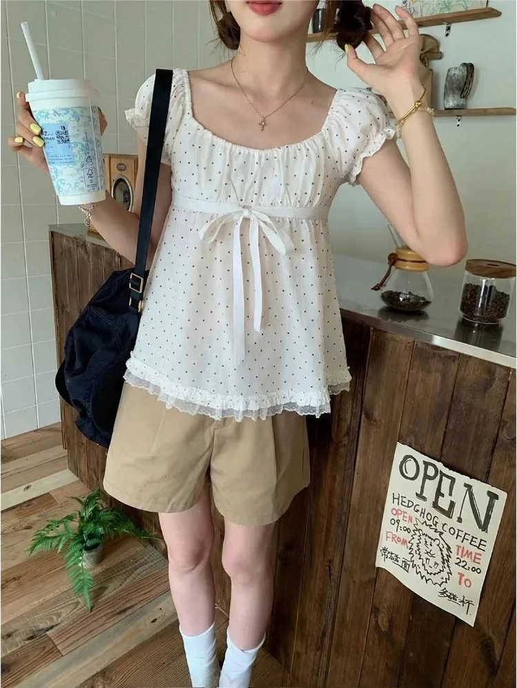 Women's Polka Dot Lace Puff Sleeve Blouse - view 5