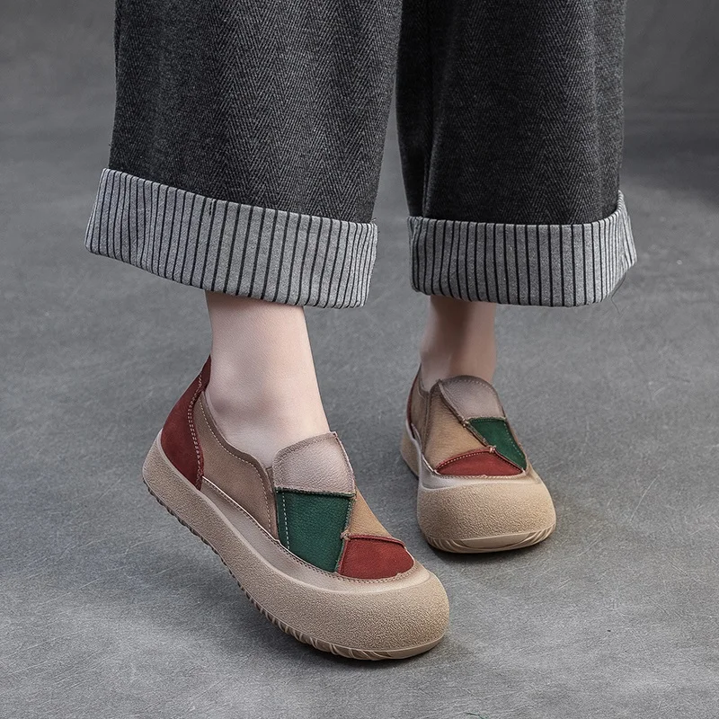 Slip-On Loafers with Mixed-Color Patch, Genuine Cow Leather, Platform Sole - Image 8
