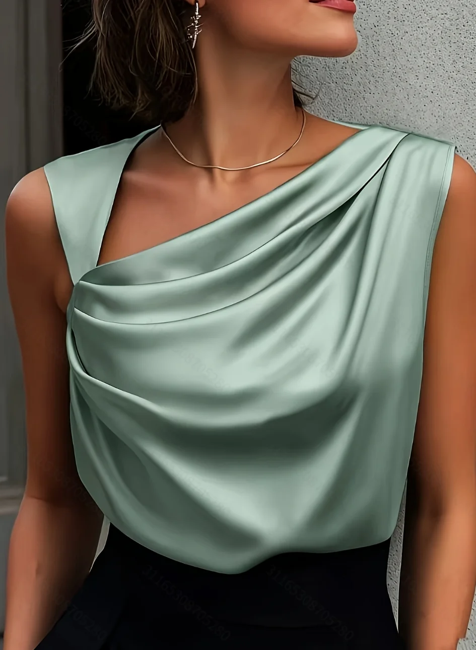 Women's Mint Satin Draped Tank Top