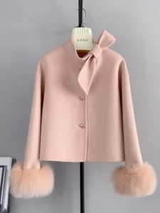 2024 New Winter Real Natural Fox Fur Cuff Coat Ladies Outwear Female Coat Cashmere Wool Woolen Women Luxury Jacket