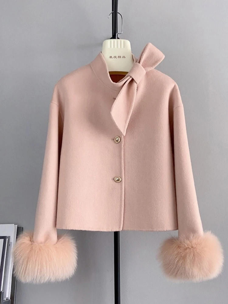 2024 New Winter Real Natural Fox Fur Cuff Coat Ladies Outwear Female Coat Cashmere Wool Woolen Women Luxury Jacket