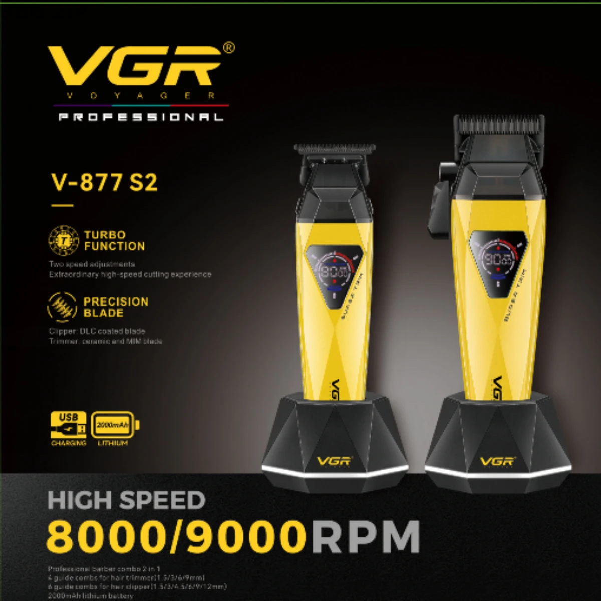 VGR V-877 S2 Cordless Hair Clippers – 9000 RPM Motor, DLC Coated Blades - Image 5