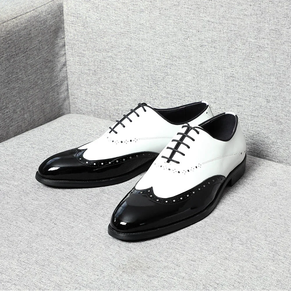 Men's White & Black Cow Leather Wingtip Brogue Oxford Shoes - Image 4