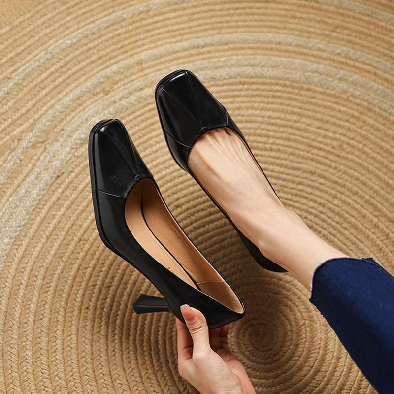 Women's Genuine Leather Square-Toe Pumps – 7 cm Heel, Pleated Detail - Image 5