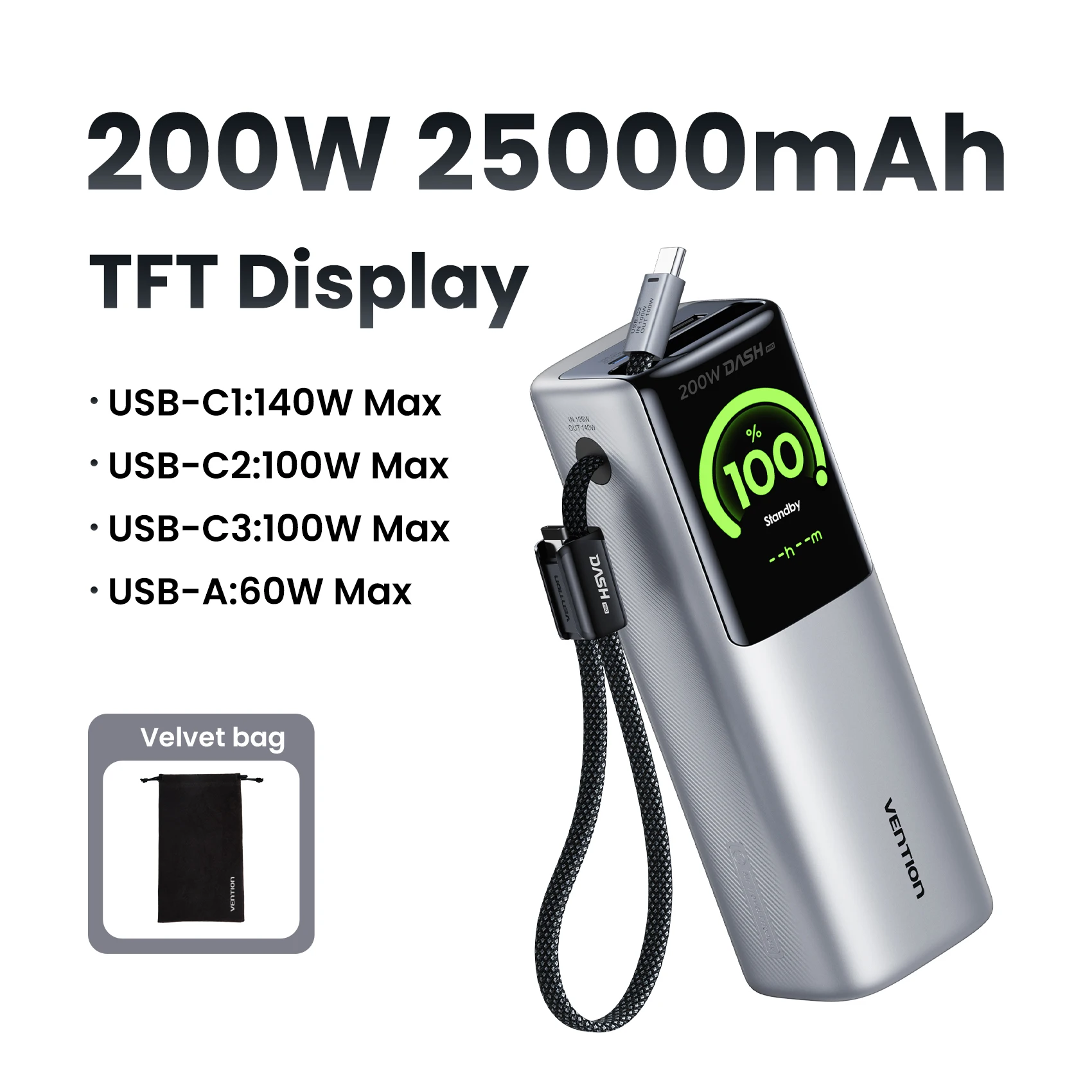 Vention 200W 25000mAh Power Bank with Extendable USB‑C Cable & Display - Image 8