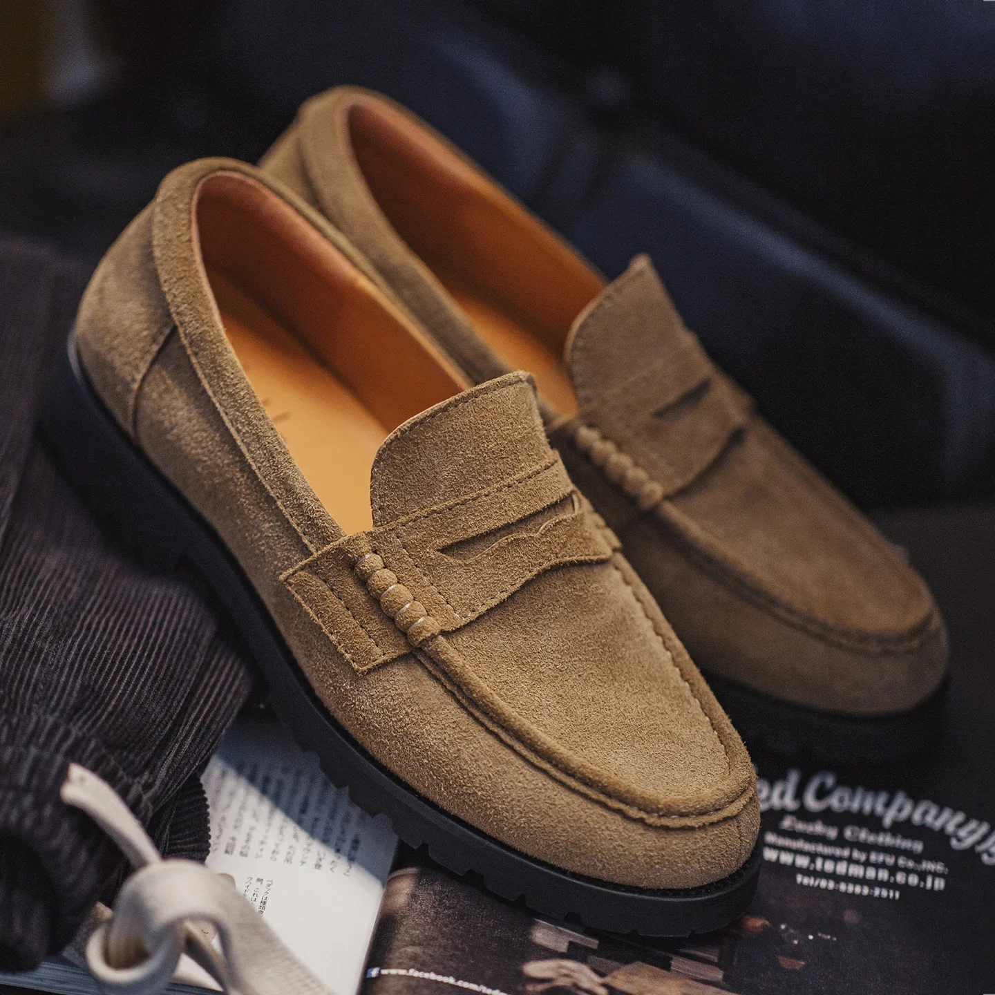 Brown Suede Penny Loafers – Cowhide Slip‑On, Serrated Rubber Sole - Image 2