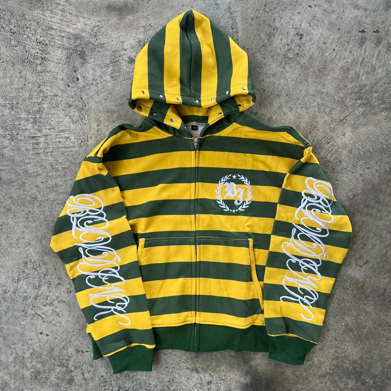 Y2K Street Kid Zip Up Hoodie with Stripe and Rivet Details