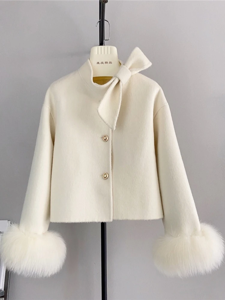2024 New Winter Real Natural Fox Fur Cuff Coat Ladies Outwear Female Coat Cashmere Wool Woolen Women Luxury Jacket - Image 3