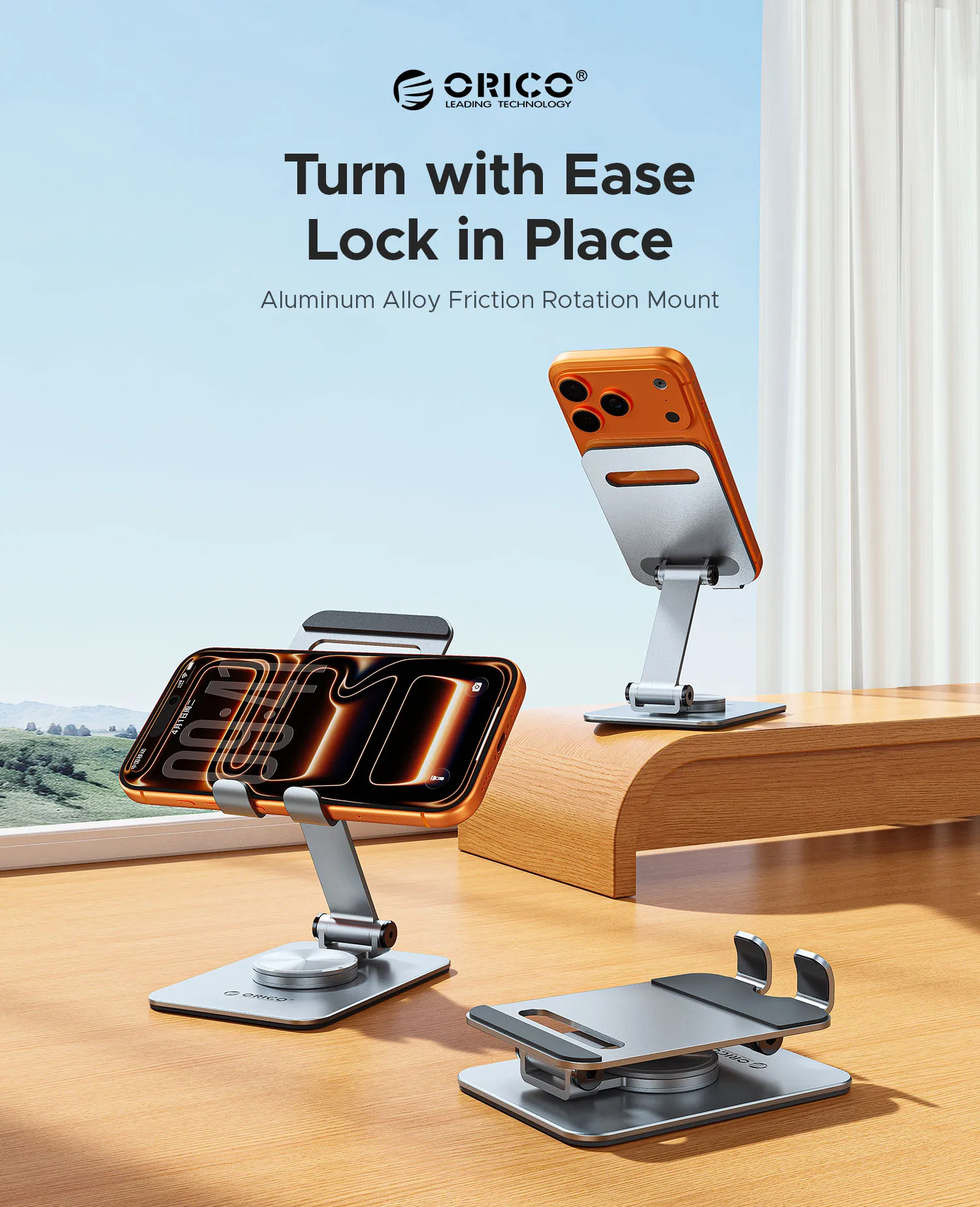 ORICO Aluminum Phone Stand – 360° Rotation, Dual‑Axis Tilt, Foldable - Image 2
