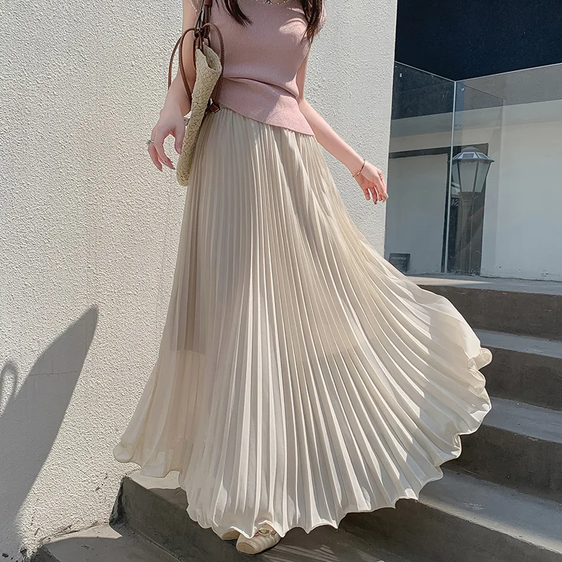Elegant White Pleated Maxi Skirt Women Summer High Waist Chiffon A-Line Long Skirt Woman Korean Fashion Casual Beach Skirts 2026 - Image 6