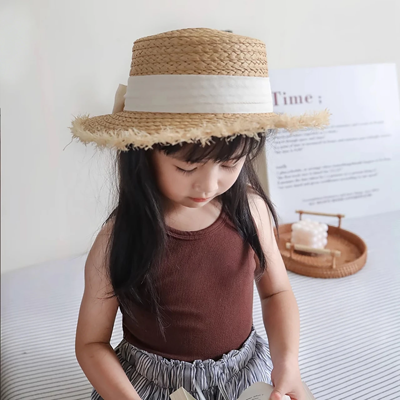Kids Wide-Brim Straw Fedora Hat with Vintage Bow – Unisex Sun Visor - Image 5