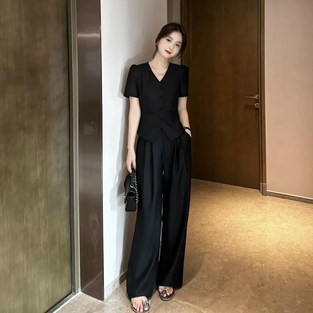 Chic Professional Two-Piece Set Short Sleeve Casual Wide Leg Pants Slimming Versatile Small Fragrance Style Summer Fashion - Image 5