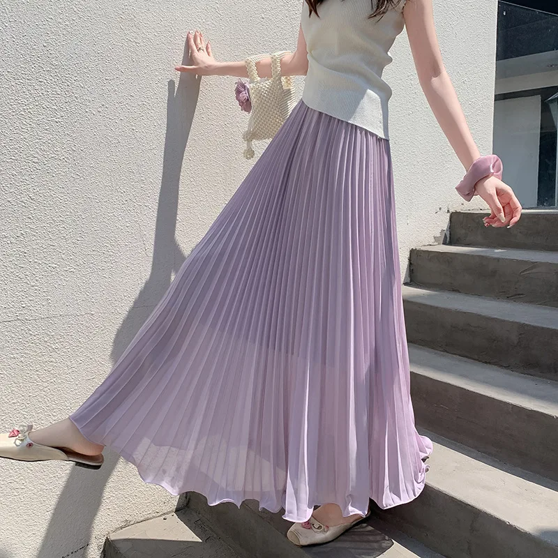 Elegant White Pleated Maxi Skirt Women Summer High Waist Chiffon A-Line Long Skirt Woman Korean Fashion Casual Beach Skirts 2026 - Image 3