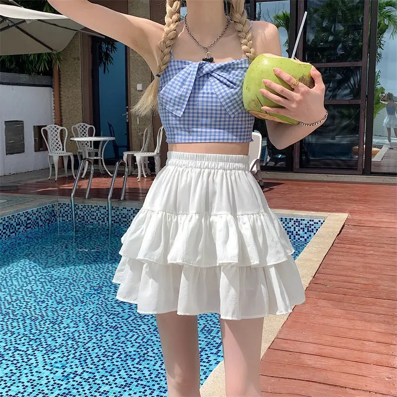 Pleated A-line Skirt White Women Ruffles Sweet Hottie Preppy Style Elastic Elastic Waist Slim Thin SimpleCasual Summer Wholesale - Image 3