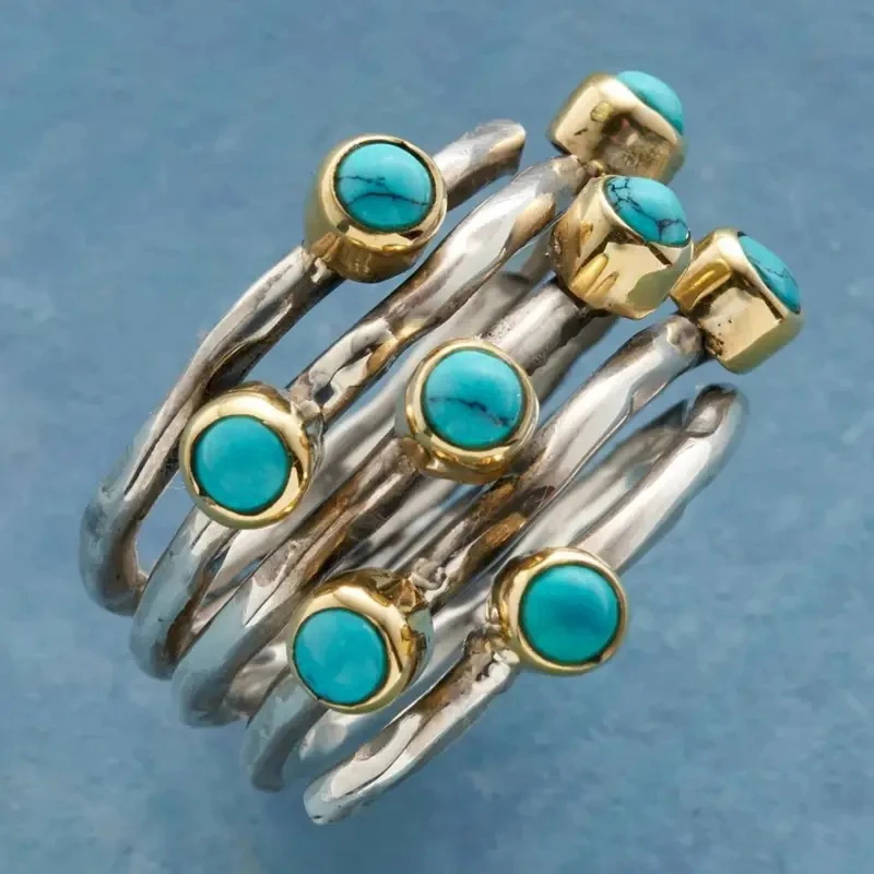 Huitan Bohemian Brass Ring with Imitation Turquoise, Two‑Tone Vintage - Image 2